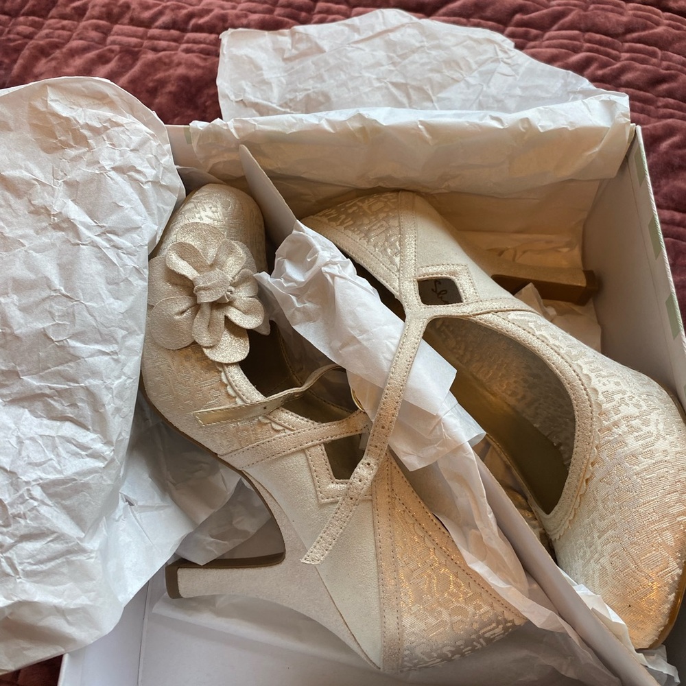 Ruby Shoo Cream and Gold Floral Strap Retro Heels